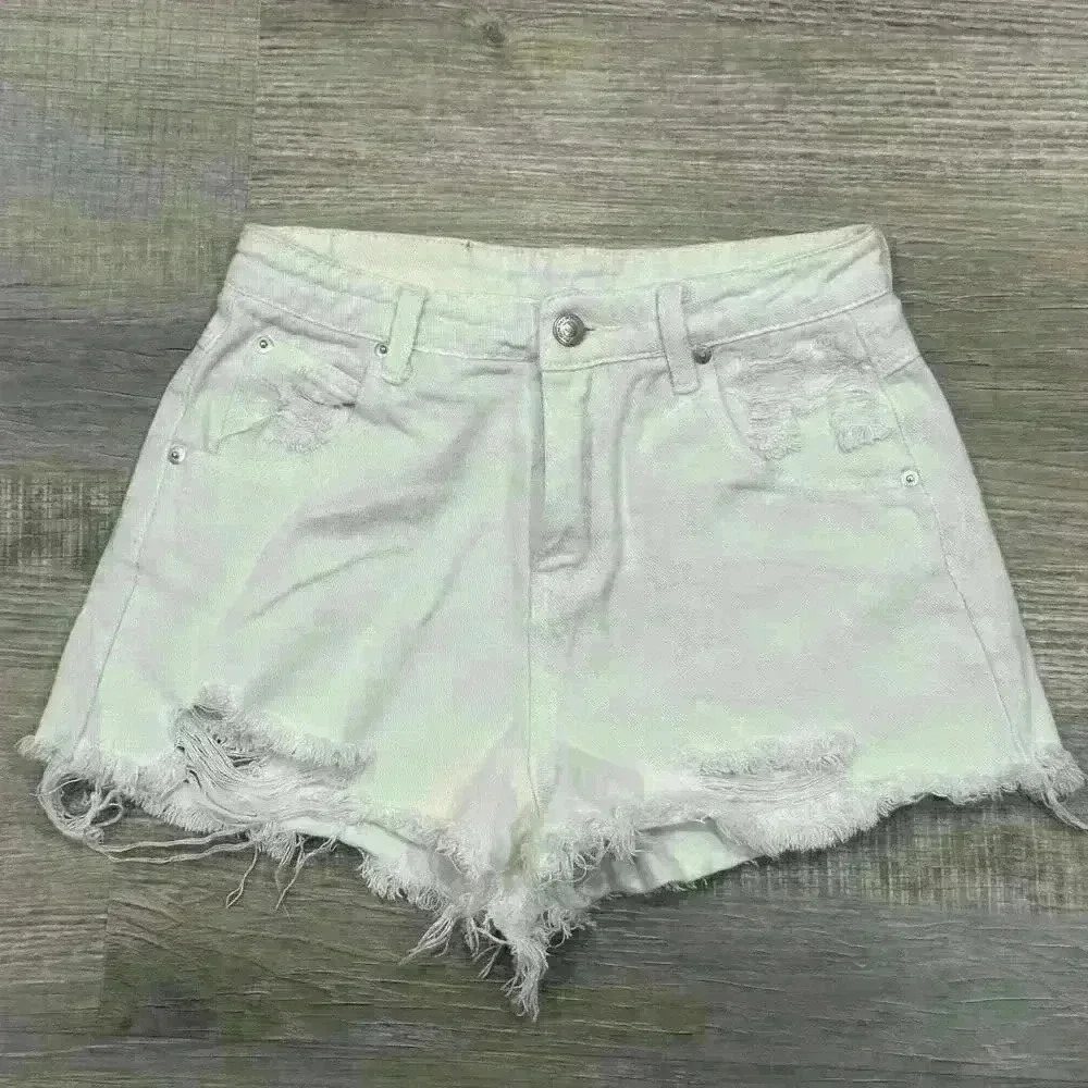 Princess Polly White Raw Hem Distressed Denim Shorty Shorts Sz 2 Boho Chic